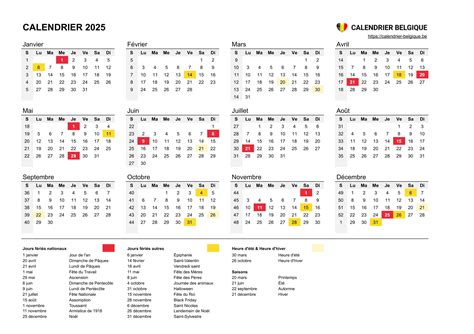 Calendrier 2025 • Calendrier Belgique