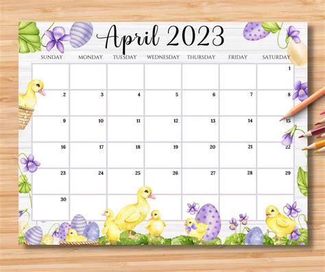Editable April 2023 Calendar Happy Easter Day With Cute Chicken And Duck