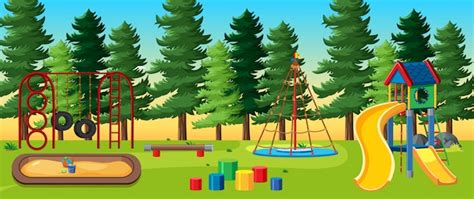 Aire De Jeux Pour Enfants Dans Le Parc Avec De Nombreux Pins Au Style