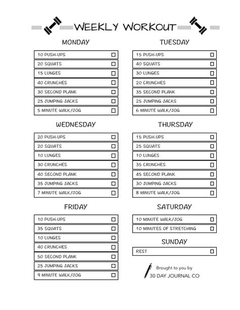 Weekly Workout Schedule Template 30 Day Journal Co Download Printable
