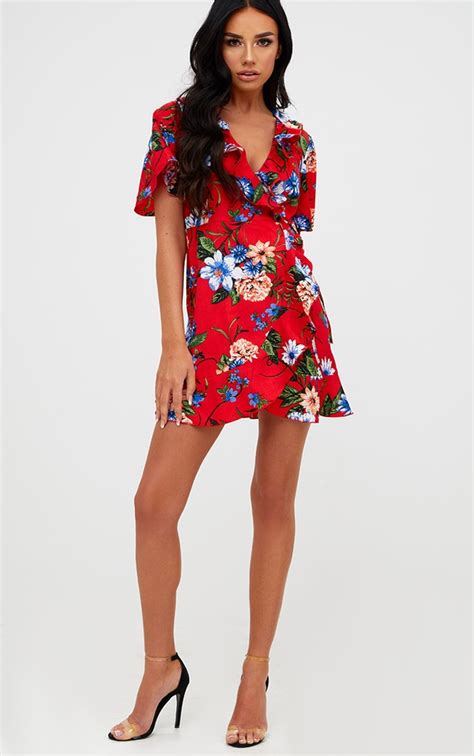 Red Floral Wrap Dress Prettylittlething Usa