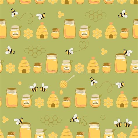 Nartural Honey Jar Background Sweet Honey On Green Seamless Pattern