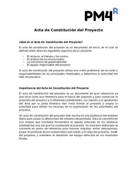(DOC) Acta de Constitución del Proyecto ¿Qué es el Acta de Constitución del Proyecto | Jem Vera ...