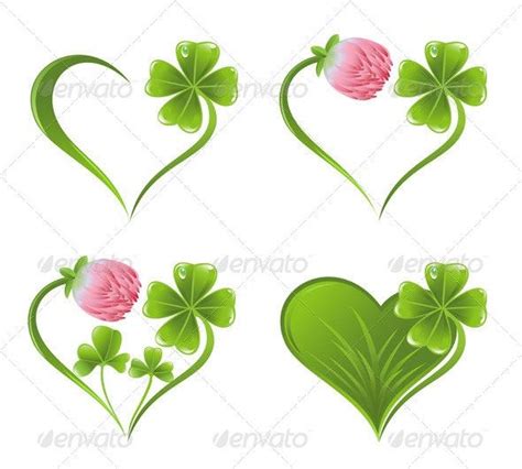 Set Of Heart Icons With Clover Leaf And Blossom Clover Tattoos Irish