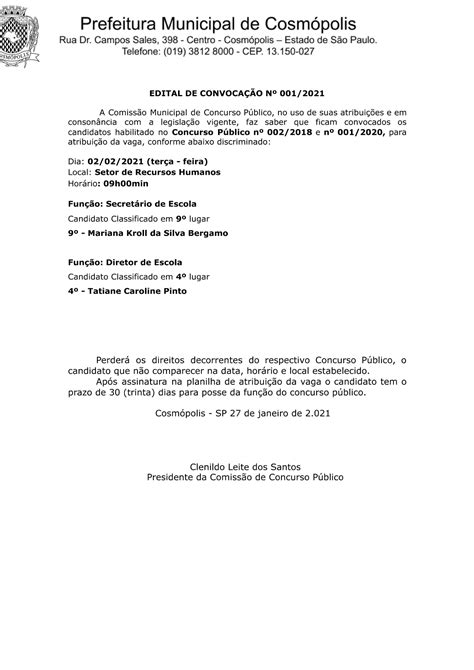 Edital De Convocação 0012021 Secretaria De Educação Prefeitura De Cosmópolis