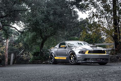 Hd Wallpaper Gray Ford Mustang Road Forest Trees The Fence Silver