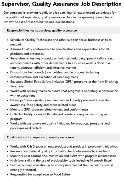 Supervisor Quality Assurance Job Description Velvet Jobs