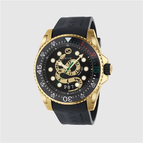 Black Rubber Gucci Dive Watch 45mm With Yellow Gold Snake Gucci Us