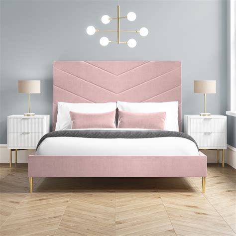 Pink Velvet Double Bed Frame With Chevron Headboard Aaliyah