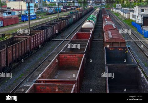 Cargo Train In Sorting Freight Railway Station Rail Freight Transport