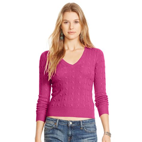 Polo Ralph Lauren Cabled Cashmere V Neck Sweater In Purple Berry Lyst