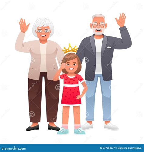Grandma And Grandpa Are Standing Together With Their Granddaughter And Waving Friendly Strong