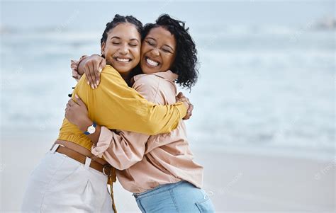 premium photo beach hug and happy couple of friends for lgbtq queer