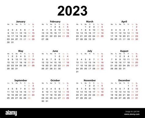 Calendar Layout For 2023 Year Week Starts From Monday Simple Vector