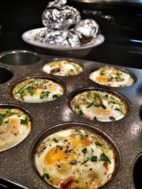 Eggs In Muffin Pan Salt Pepper Chopped Spinach Tomatoes And