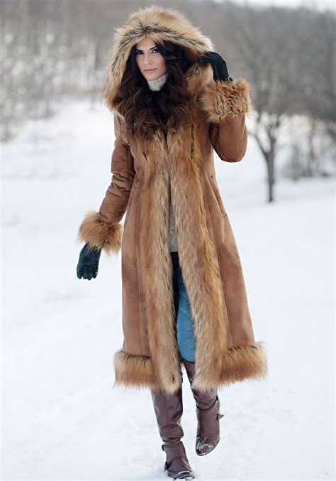 Tobacco Faux Suede And Fur Full Length Coat Faux Coat Faux Fur Lined