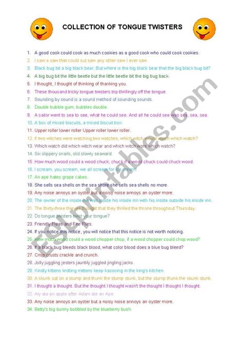 Collection Of Tongue Twisters Esl Worksheet By Escarly