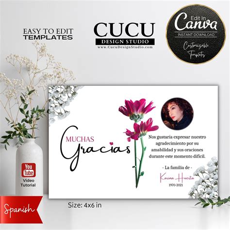 Spanish Digital Downloadable Funeral Thank You Card Template Ftc109