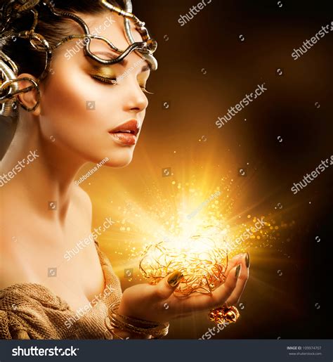 Beautiful Magic Woman Portrait Golden Makeup Stock Photo 109974707