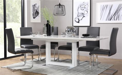 Dark gray dining room table with matching chairs set on a gray and white rug, complemented by blue and white decor. Tokyo White High Gloss Extending Dining Table and 6 Chairs Set (Perth Grey) Only £699.99 ...