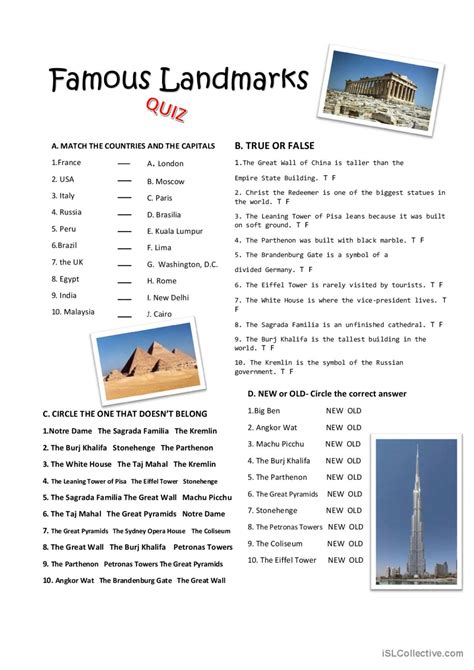 Famous Landmarks Quiz With Key English Esl Worksheets Pdf And Doc