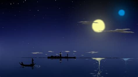 Sea Horizon During Night Illustration Anime Boat Moonlight Night Hd