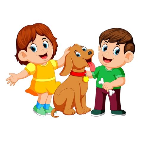 Niños Con Su Perro Mascota Vector Premium