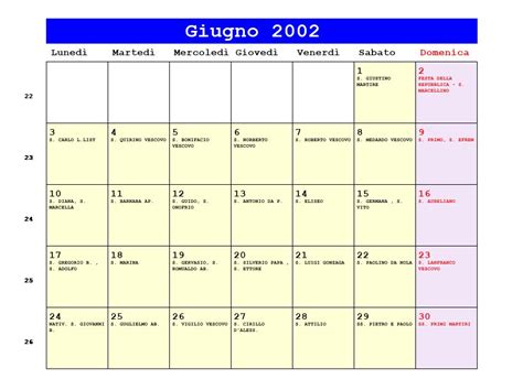 Calendario Giugno 2002 Da Stampare Festa Della Repubblica Solstizio