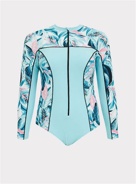 Aqua Blue Tropical One Piece Rash Guard Swimsuit In 2020 Long Sleeve