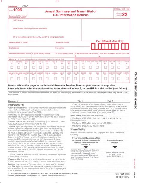 Form 1096 Transmittal Of Forms 1098 1099 5498 And W 2g To The Irs
