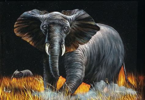 Elephant African Elephant Original Oil Painting On Black Velvet By E