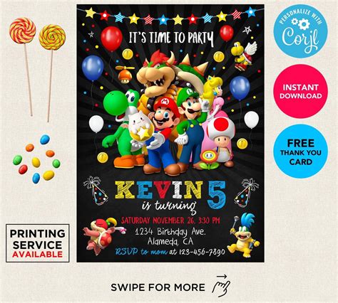 Super Mario Birthday Invitation Boy Instant Download Thank You Card