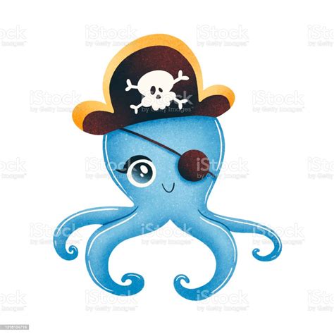Cute Cartoon Pirate Octopus Isolated On White Background Animal Pirates