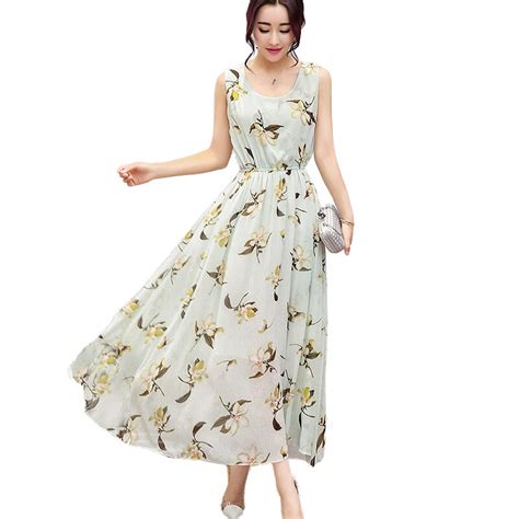 Summer Chiffon Long Dress Women Plus Size O Neck Sleeveless Floral