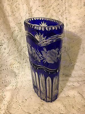 Vintage Oval Tall Bohemian Czech Cobalt Blue Cut To Clear Crystal