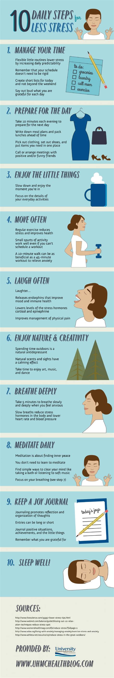 18 10 Daily Steps For Less Stress 50 Infographics To Help You Less
