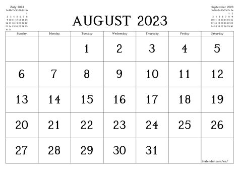 August 2023 Calender Printable Template Calendar
