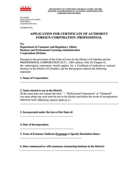 Application For Certificate Of Authority Foreign Corporation