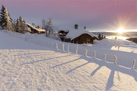 Sunrise In Sjusjoen Snowbound Log Cabins On The Banks Of Lake