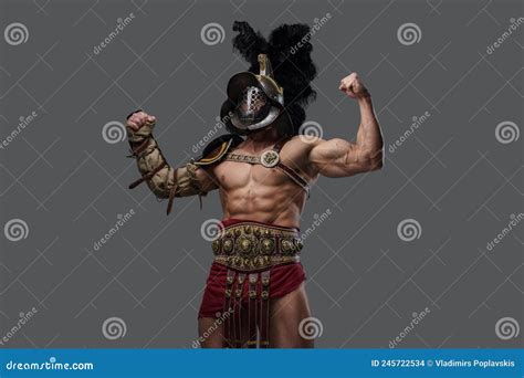 Strong Antique Gladiator With Naked Torso Isolated On Gray Background Stock Photo Image Of