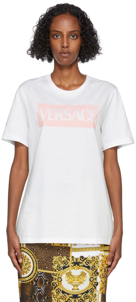 Versace White And Pink Flocked Logo T Shirt Versace