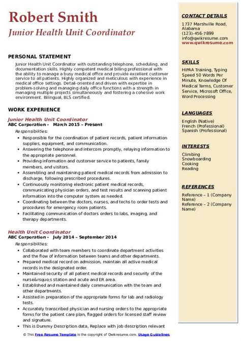 health unit coordinator job description resume tipitents