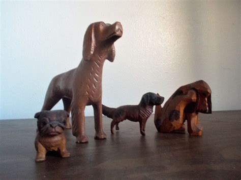 Collection Of Four Carved Wood Folk Art Dog Figurines By Objetluv On