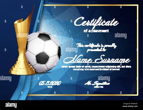 Soccer Certificate Diploma With Golden Cup Vector Sport Graduate