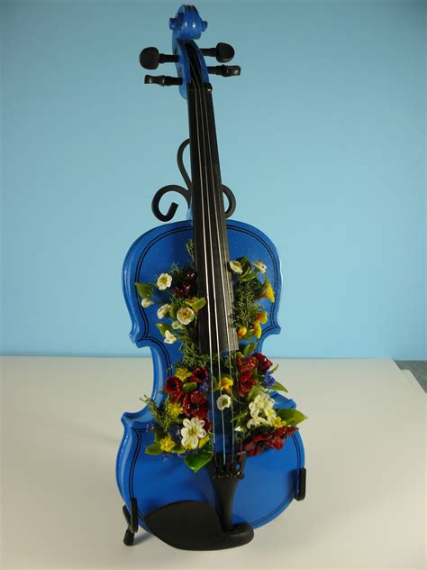 Blue Violin Covered In Glass Wildflowers And Leaves Artist Barbara