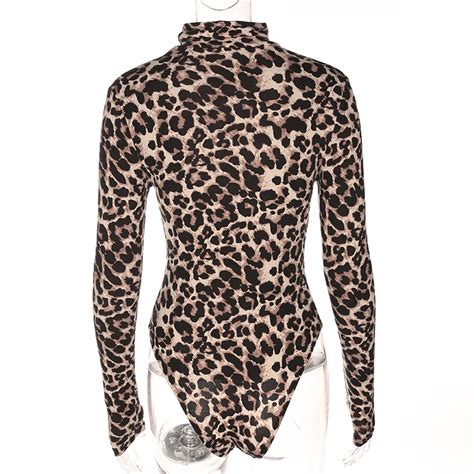 Low Cost Weekeep Sexy Leopard Bodysuit Women Bodycon Turtleneck Bodysuits Long Sleeve Short