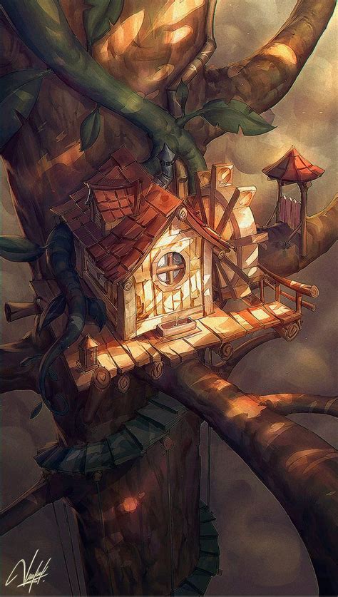 Treehouse By Panchusfenix Fantasy Art Landscapes Environment Concept
