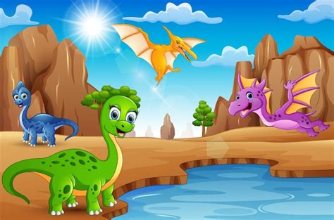 Dinosaurios Felices De Dibujos Animados Que Viven En El Desierto