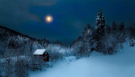 Download Forest House Snow Night Blue Moon Landscape Photography Winter
