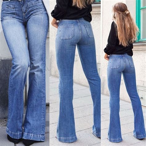 Flare Jeans Pants For Women Fashion Floor Length Blue Denim Washed Jean